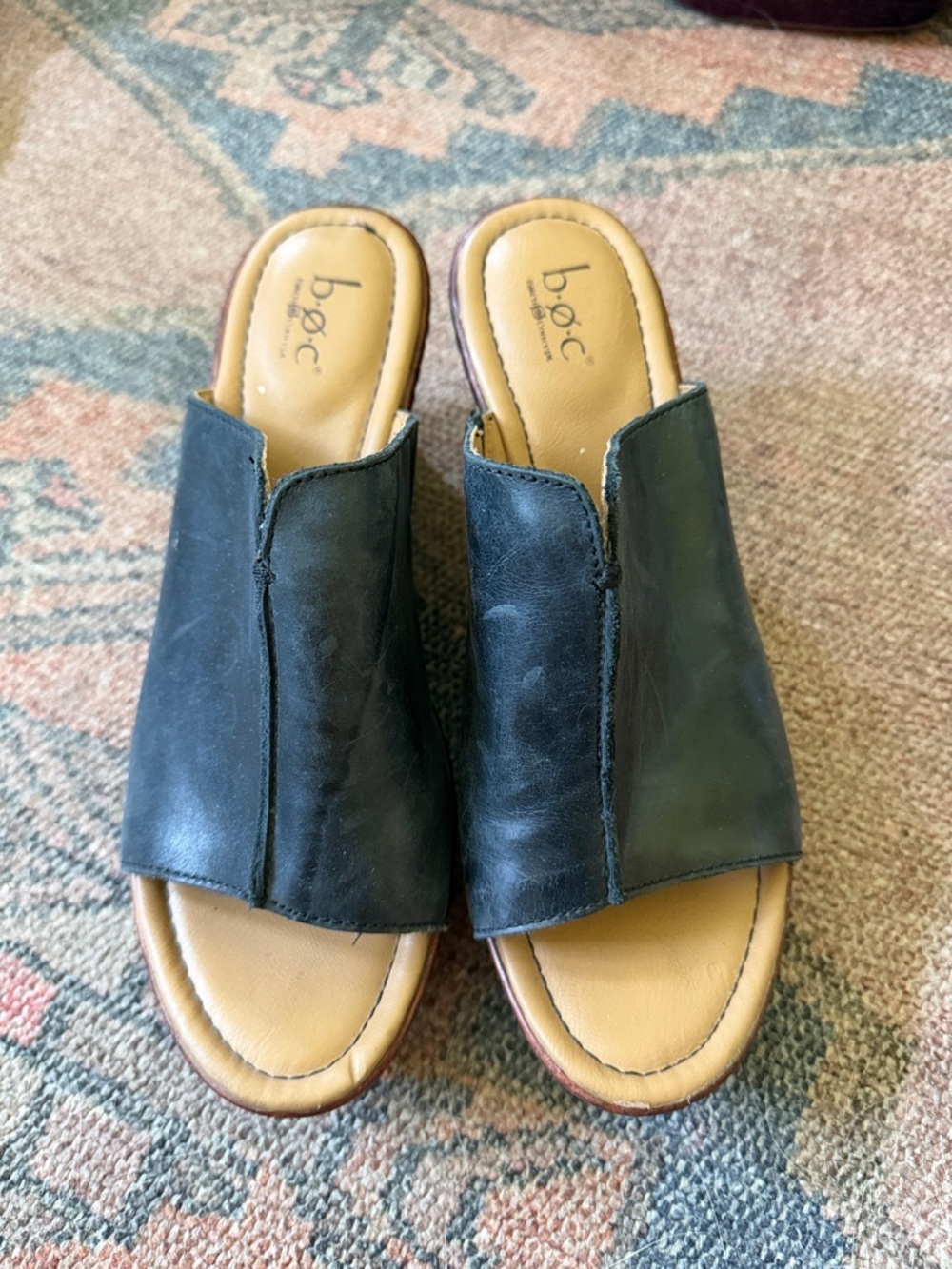 b.o.c. Black Leather Open-Toe Wedge Slide Mules